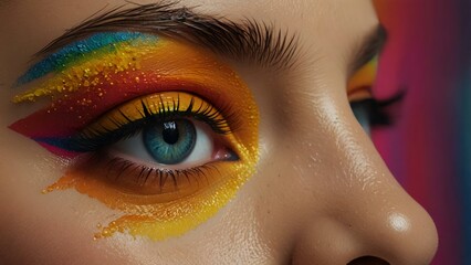 Fototapeta premium Closeup Rainbow Eye Makeup Design on a Womans Face