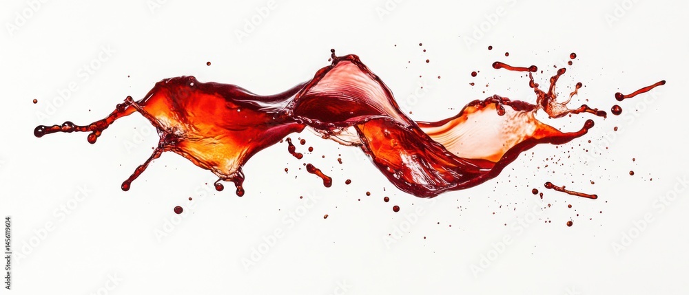 Poster dynamic red liquid splash with wave motion on white background concept of fluid dynamics, beverage, 