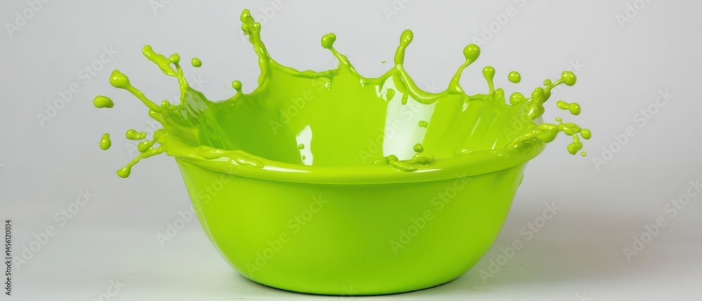 Poster vibrant green paint splashing in a bowl, creating dynamic liquid art with a burst of color and energ