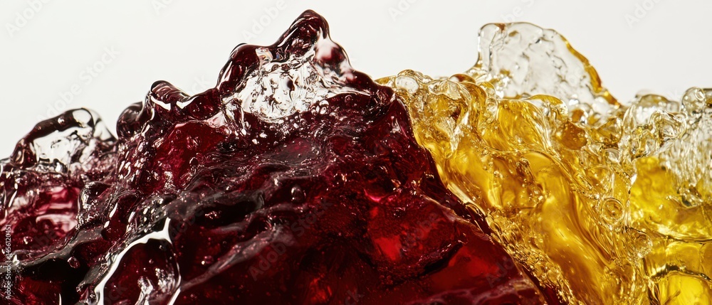 Poster dynamic splash of red and golden liquid creating abstract shapes concept of beverage, refreshment, a