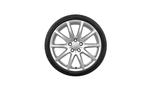 Silver Car Wheel, Black Tire with Transparent Background