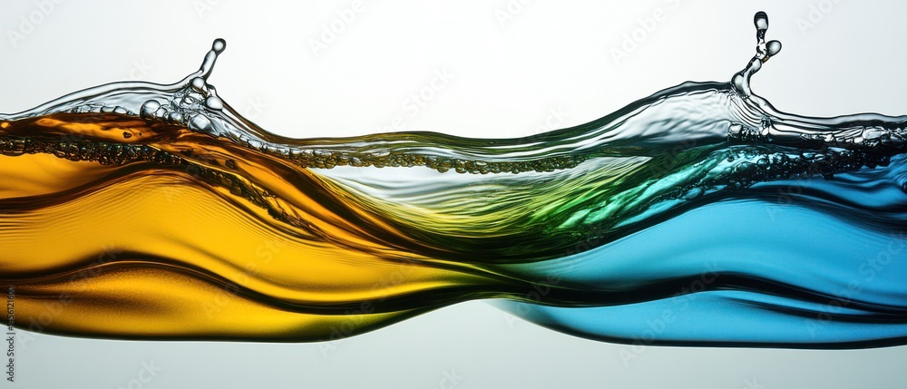 Poster abstract colorful liquid wave with dynamic splash and bubbles, showcasing fluid dynamics and vibrant