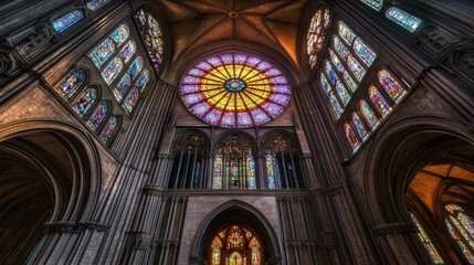 Architectural marvel inside cathedral showcasing stained glass art and historical craftsmanship under soft lights forming colorful aesthetics