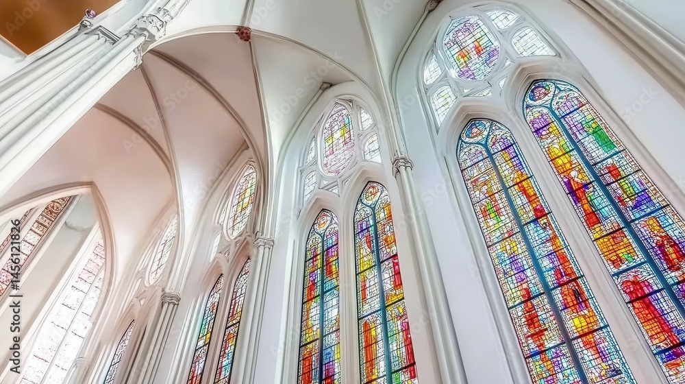 Poster stained glass splendor ascending cathedral ceiling architecture featuring intricate patterns and rad