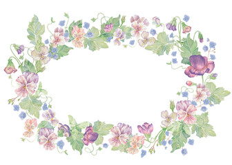 Violets flowers and forget-me-nots. Watercolor clipart illustration of oval frame flower composition on white background. For invitations, postcards, business cards. Decorating cups, dishes, etc.