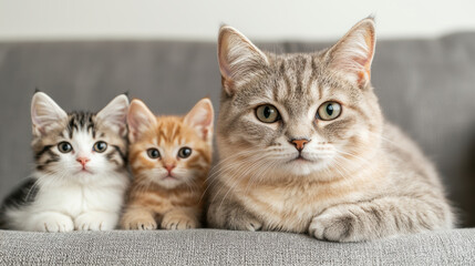 British Shorthair cat mother resting on sofa with kittens snuggled close