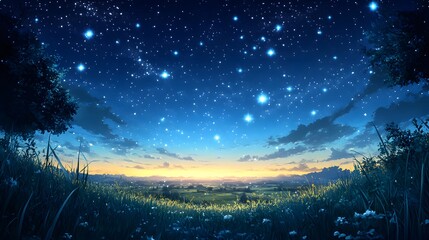 Naklejka premium Starry night landscape over a grassy field.