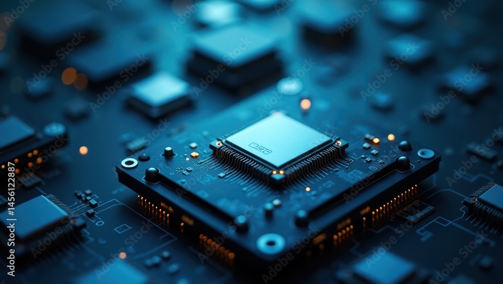 Poster close-up microchip. blue circuit. young technology. background asset. digital electronics. semicondu