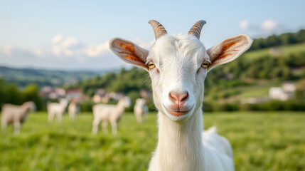 Obraz premium Goat mother watching over playful kids on green hill