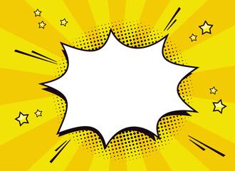 Blank comic speech bubble template for text in retro pop art style with halftone dots, stars, quotation marks and ray background. Vector illustration.