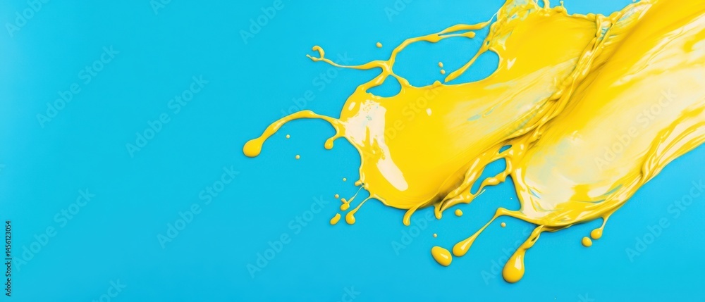 Poster vibrant yellow paint splash on a bright blue background creating a dynamic abstract design with flui
