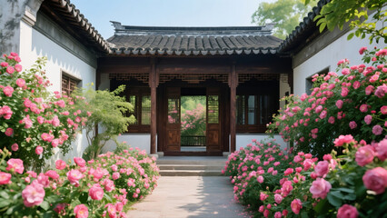 Roses bloom in ancient Chinese gardens