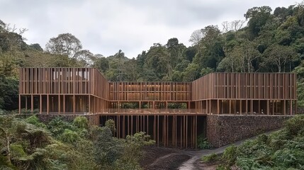 Fototapeta premium Modern Wooden House Design Immersed in Lush Forest Scenery Sustainable Architecture Harmonious Blend of Nature and Building Concept