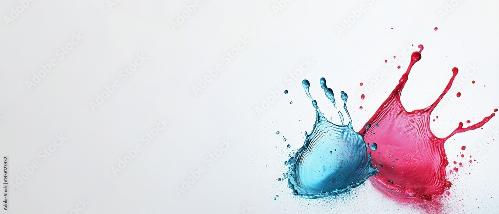 Poster dynamic collision of vibrant blue and red liquid paint splashes on a clean white background creating