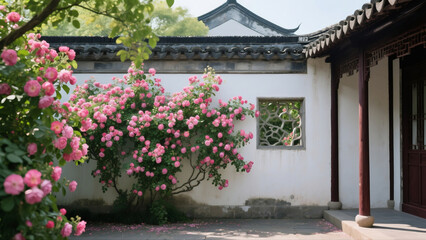 Fototapeta premium Roses bloom in ancient Chinese gardens