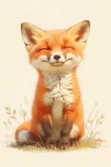 Obraz premium Happy fox sits, eyes closed, in grass, orange and beige, with a smile