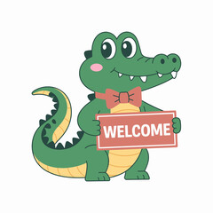 Obraz premium Cute Cartoon Alligator Holding a Welcome Sign