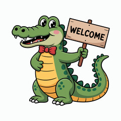 Fototapeta premium Cute Cartoon Alligator Holding a Welcome Sign