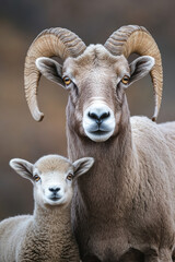 Bighorn sheep mother standing close with lamb