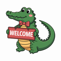 Obraz premium Cute Cartoon Alligator Holding a Welcome Sign