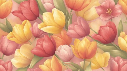 A vibrant arrangement of colorful tulips in pink, yellow, and red creates an uplifting atmosphere, perfect for spring-themed designs, invitations, or backgrounds in floral illustrations,