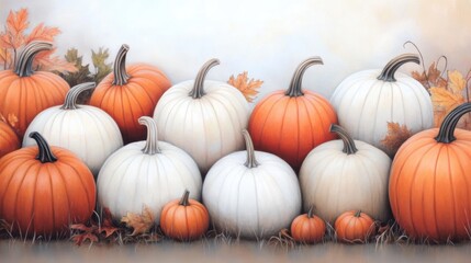 A vibrant arrangement of orange and white pumpkins nestled among autumn leaves, ideal for seasonal decorations, marketing materials, or Thanksgiving-themed projects, Perfect for a cozy fall vibe,