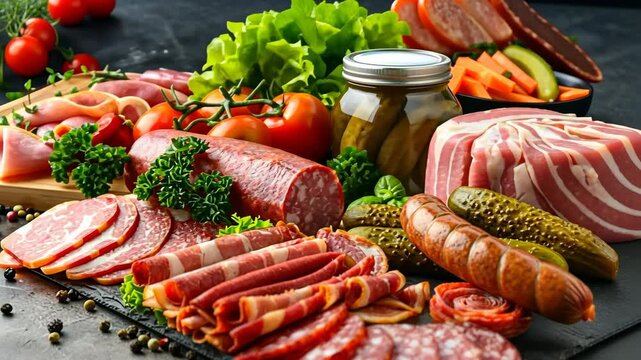 Variety of sausage products. Meat products, Pork, Ham, bacon. Various kinds of sausages on a rustic black concrete stone table. Smoked meats with sauces, olives and herbs showcasing deli promotions