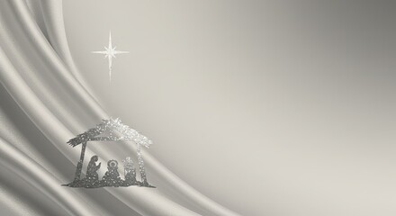 Nativity scene with silhouette of holy family under bethlehem star on elegant silver fabric with glitter dust for greeting card