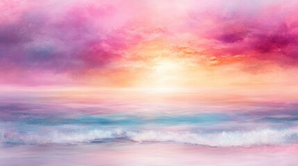 Fototapeta premium A vibrant seascape at sunset, showcasing vivid colors of pink, orange, and blue blending in the sky and reflecting on tranquil waters, Perfect for peaceful backgrounds, relaxation themes