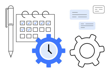Obraz premium Pen, calendar with checkmarks, clock gear, chat bubbles, and cog symbolizes task management. Ideal for planning, productivity, time management, organization efficiency scheduling collaboration
