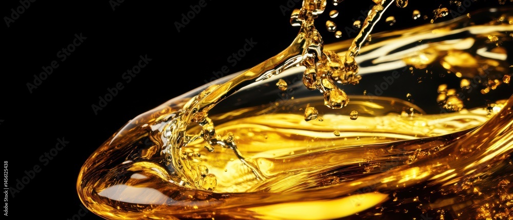 Poster golden liquid splash with dynamic movement on black background closeup shot of flowing liquid with b