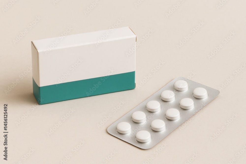 Poster packaging of white tablets displayed in a clean setting with minimalistic design generative ai