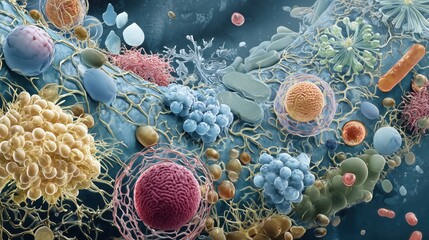 Necrotizing Fasciitis for Awareness Day.A detailed microbiological illustration showing the most common bacterial agents (Group A Streptococcus, E. coli, Clostridium).