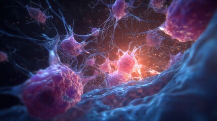 Necrotizing Fasciitis for Awareness Day. Microscopic imagery of immune cells responding to bacterial invasion, with scientific accuracy.
