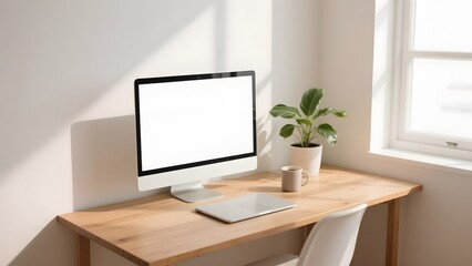Obraz premium Laptop with blank screen on white table. Home interior or office background