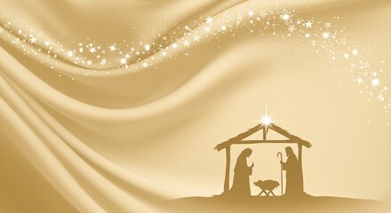 Fototapeta premium Nativity scene silhouette on golden satin fabric background, Christian Christmas religious greeting card design concept.
