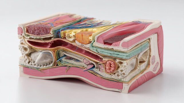 A detailed cross-sectional medical illustration for Necrotizing Fasciitis Awareness Day showing the progression of infection through tissue layers. 