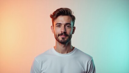 Studio photo. Caucasian male. Adult age. Neutral expression. Soft lighting. Gradient background. Casual clothing. Digital marketing. Profile picture. Social media use. Influencer portrait. Profession