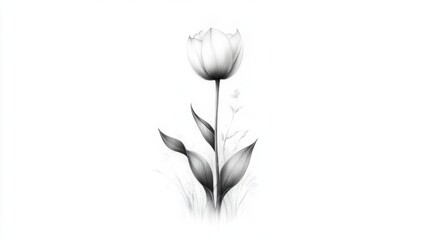 Obraz premium An elegant black and white illustration of a tulip with delicate leaves and subtle floral details, perfect for use in design projects, invitations, or nature-themed artwork,