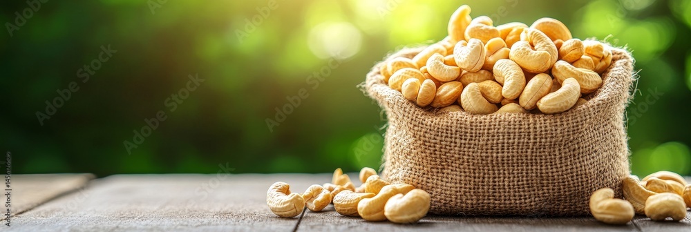 Poster burlap sack overflowing with roasted cashews on rustic table against a blurred forest background