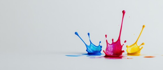Vibrant CMYK Color Splashes on White Background, Cyan, Magenta, Yellow Paint Explosion for Creative Design and Printing Concepts