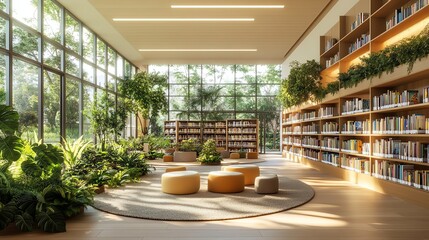 A cozy public library featuring lush, plant-filled reading nooks, perfect for relaxing and enjoying a good book.