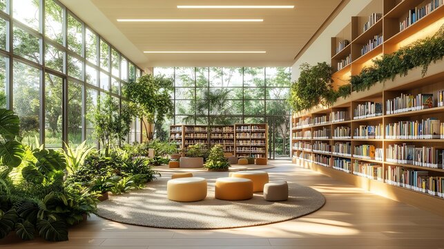 A cozy public library featuring lush, plant-filled reading nooks, perfect for relaxing and enjoying a good book.