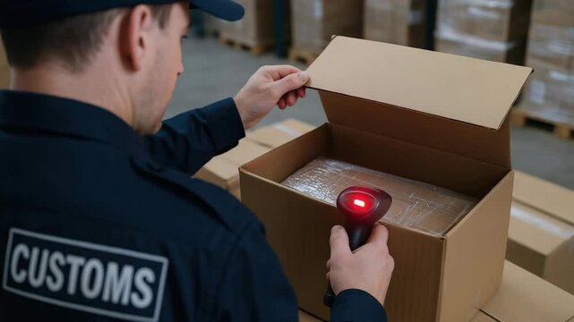 Customs officer scanning cargo box at port with barcode for inspection and security check during cargo customs inspection process
