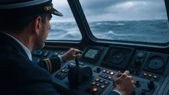 Captain steers ship vessel through rough sea waves with navigation and steering control in cargo port for safe ocean transport