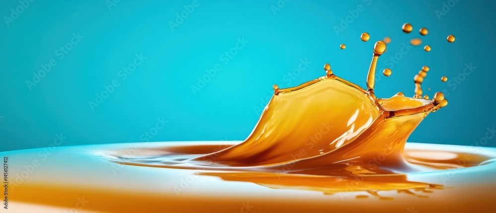 Poster dynamic splash of golden liquid with droplets against a vibrant turquoise background concept of refr