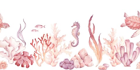 Marine animals, corals and seaweed in a seamless border. All elements are hand drawn in watercolor and isolated. Marine themed border in soft colors