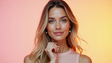 Young European woman. Blonde woman smiling gentle pink top portrait st