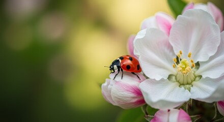 Close-up of a ladybug on a blooming flower, bathed in soft sunlight