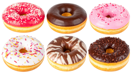 Delicious assorted donuts featuring vibrant colors and toppings, including sprinkles and chocolate glaze, perfect for sweet treat or dessert